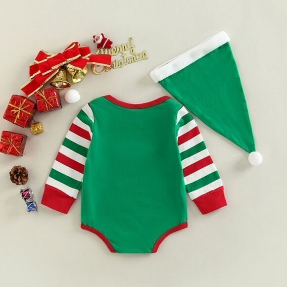 NWT Baby Elf Suit Romper Set and Santa Hat - Picture 3 of 12